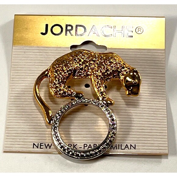 Jordache Brooch Pin Vintage Gold Tone Jaguar on Silver Tone Ring NOS on Pin Card - Picture 2 of 8